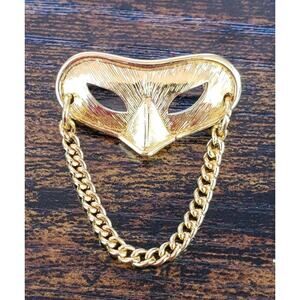 Vintage NAPIER Brooch Mardi Gras Gold Masquerade Mask Pin With Hanging Chain 70s